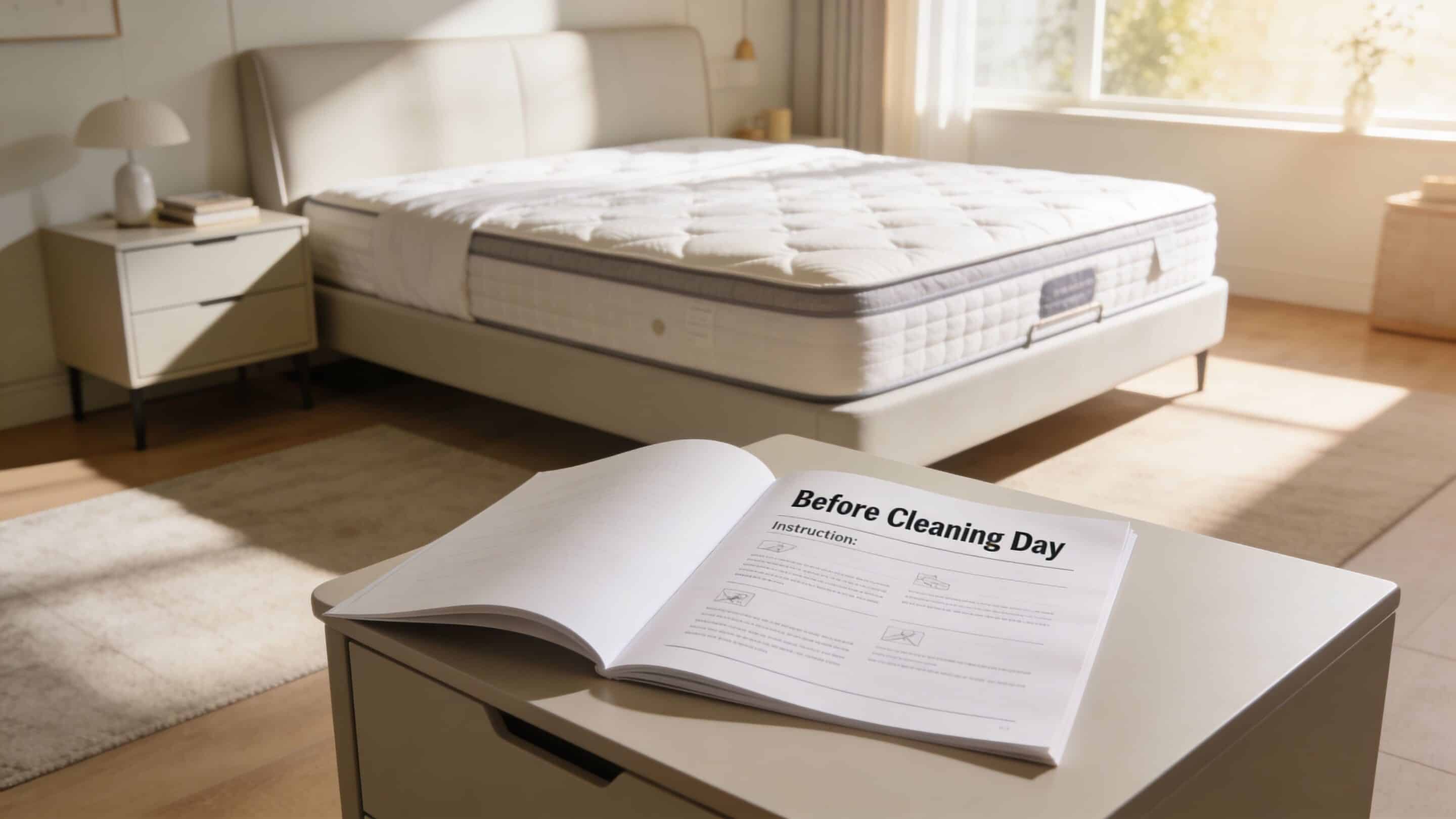 A printed instruction booklet for cleaning a mattress sits on a bedside table in a bedroom.