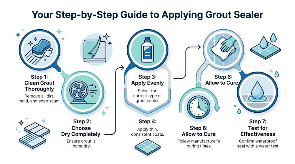 A step-by-step infographic guide explaining the process of cleaning and applying grout sealer to tiles.