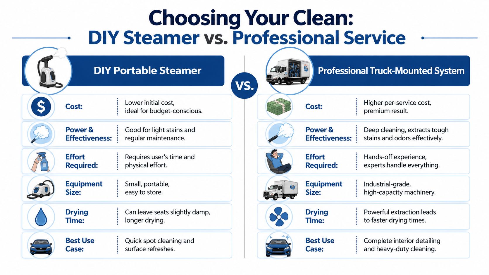 A comparison chart showing the pros and cons of DIY portable steamers versus professional truck-mounted car cleaning systems.