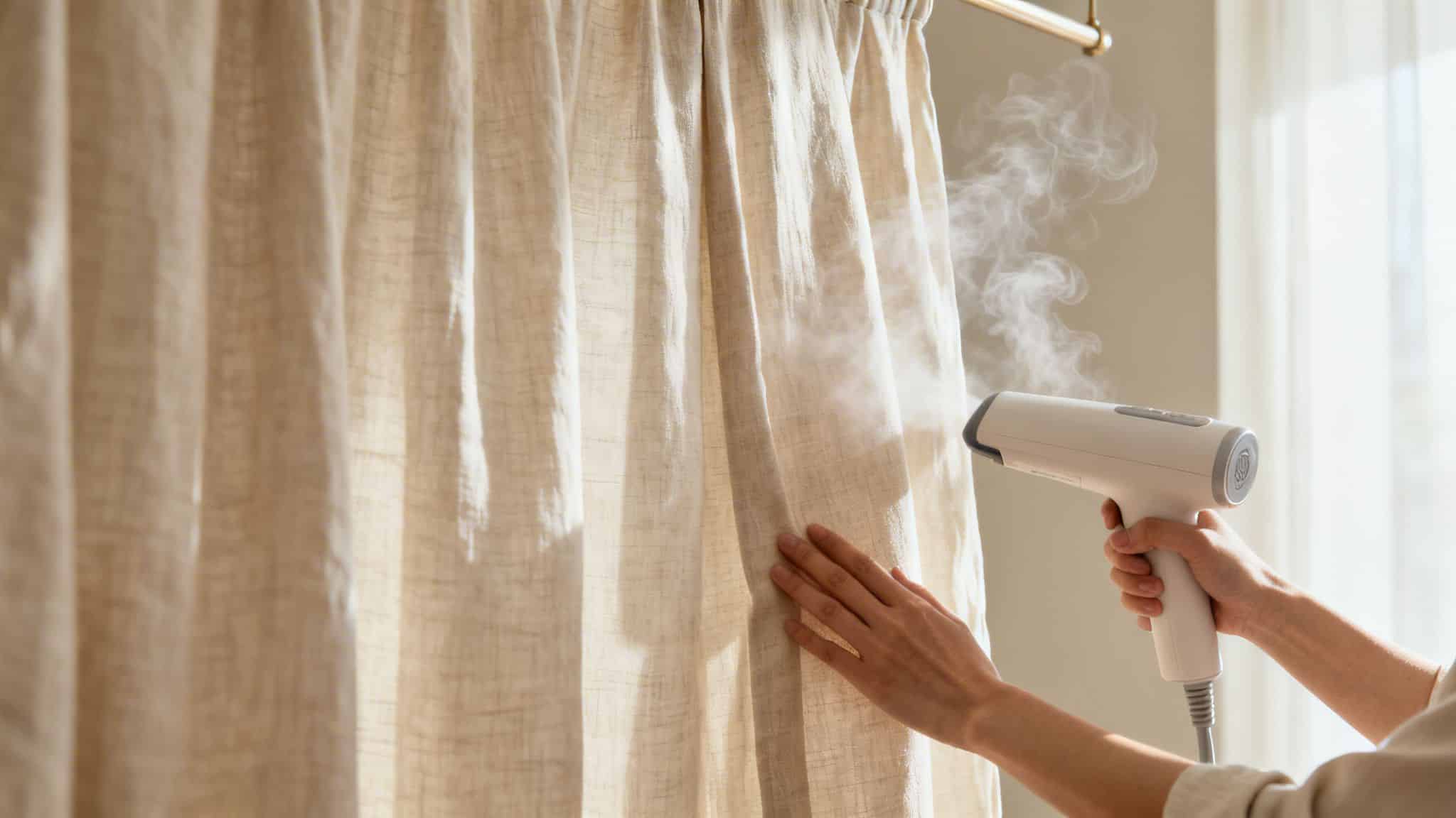 A person uses a handheld garment steamer to remove wrinkles from light-colored linen curtains hanging indoors.