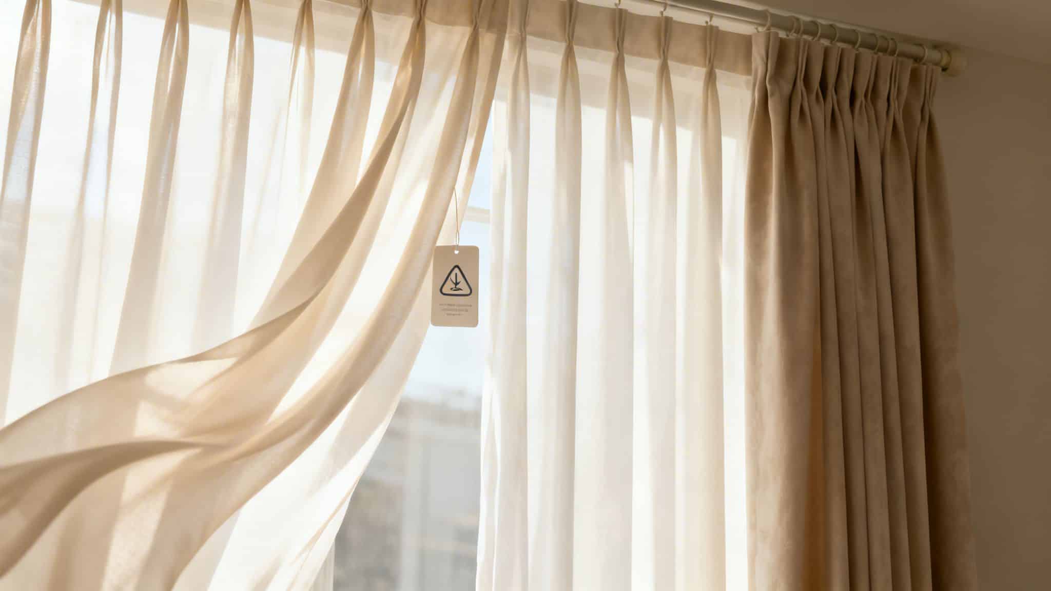 A light beige curtain hanging by a window with a steam cleaning instruction tag attached