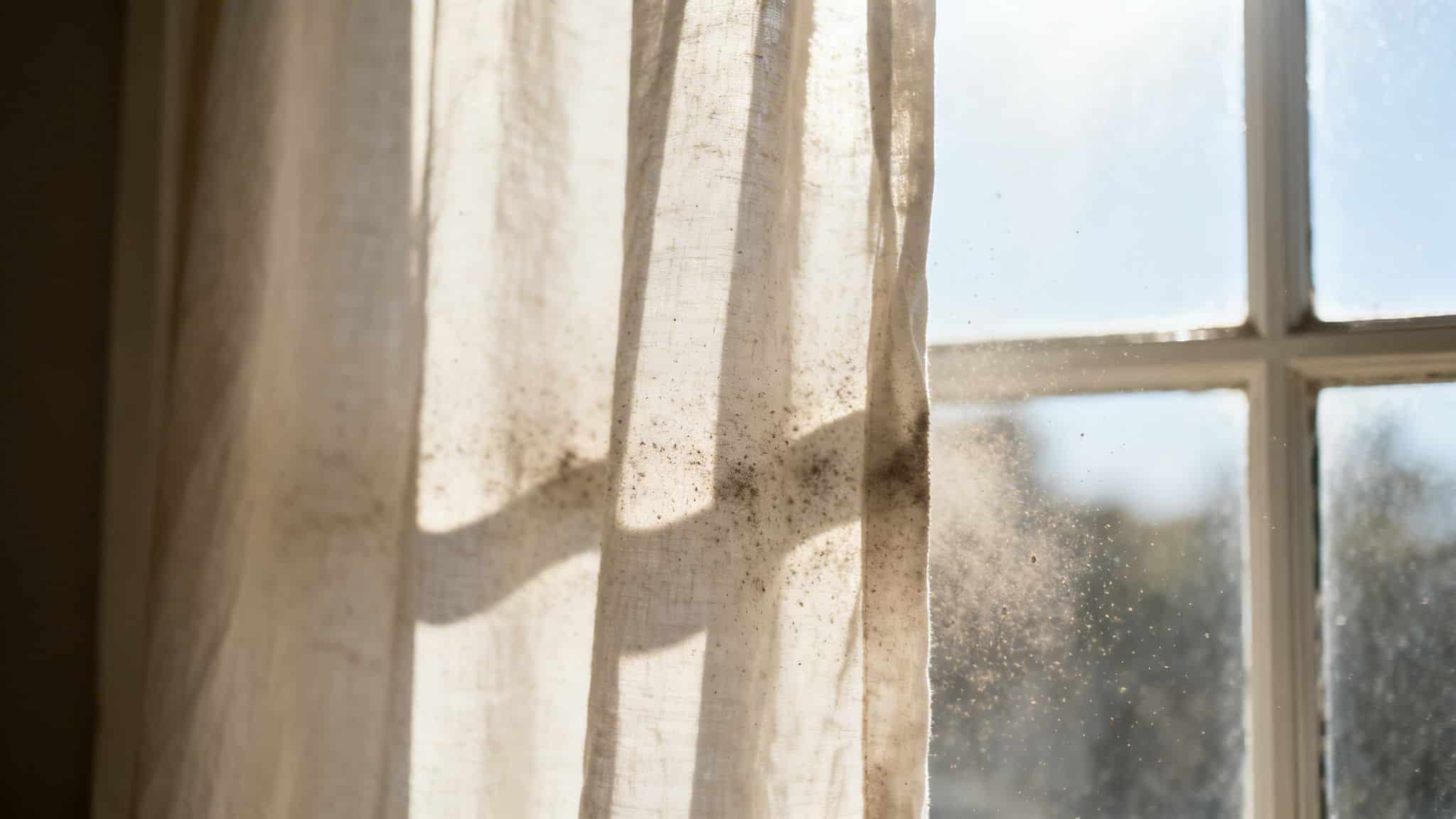 A close-up shot of a dusty white curtain hanging by a sunny window in need of cleaning.