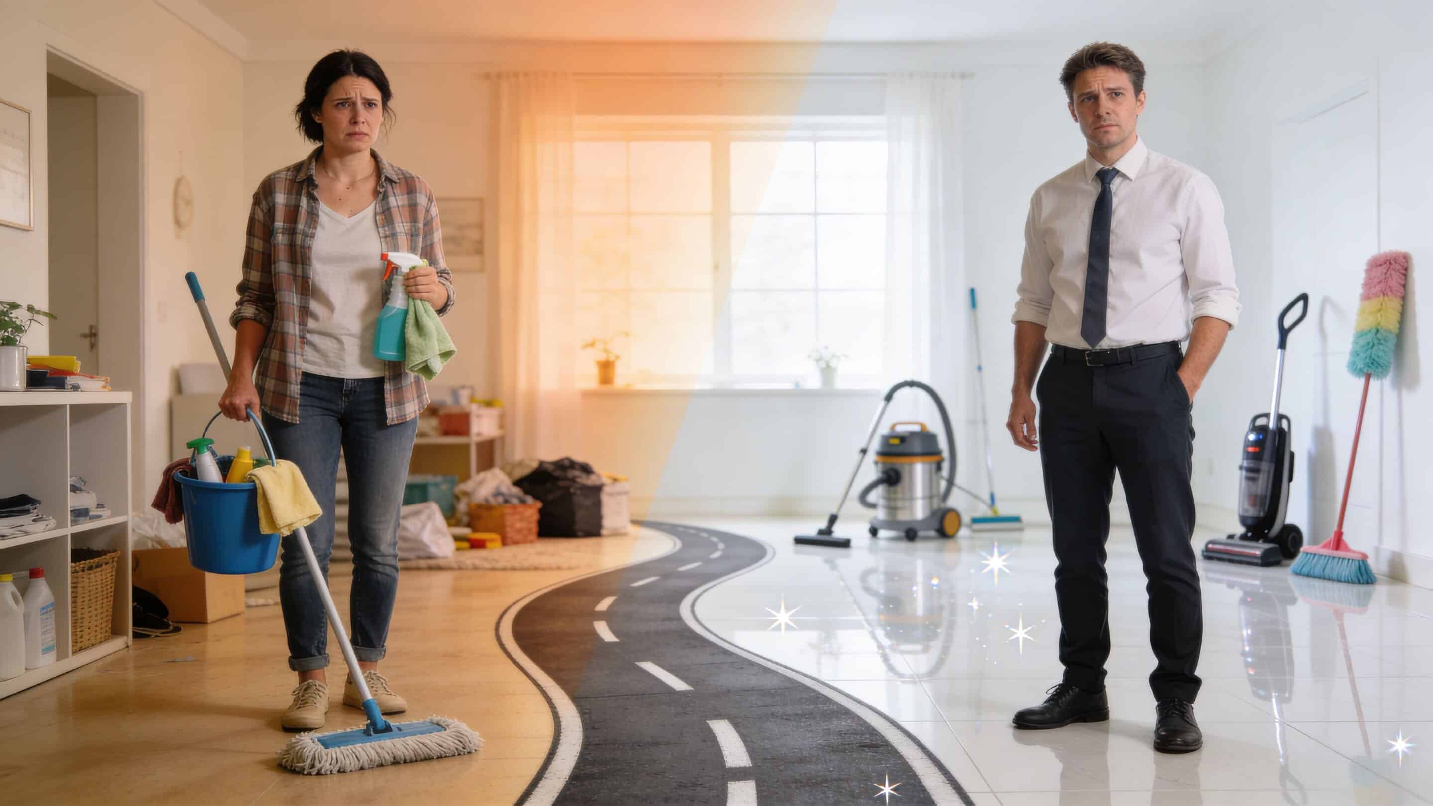 A split-screen comparison showing a cluttered room being cleaned versus a pristine, clean professional living space.