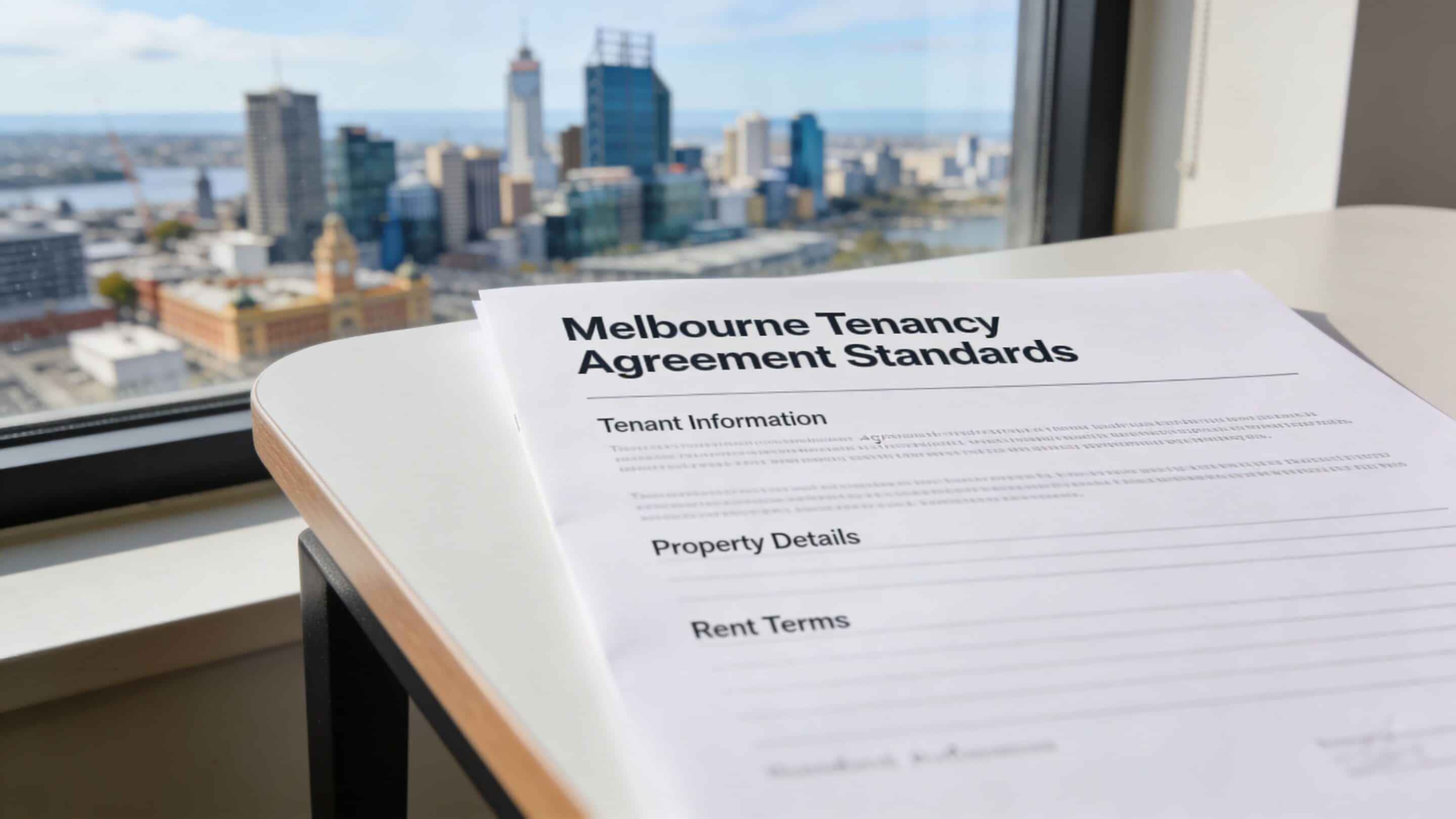 A document titled Melbourne Tenancy Agreement Standards sitting on a desk overlooking a city skyline.