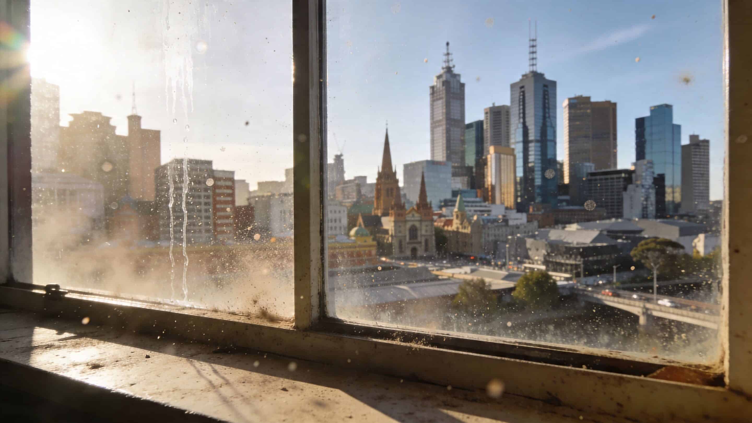 A view of the Melbourne skyline through a dirty, streaked windowpane from inside an old building.