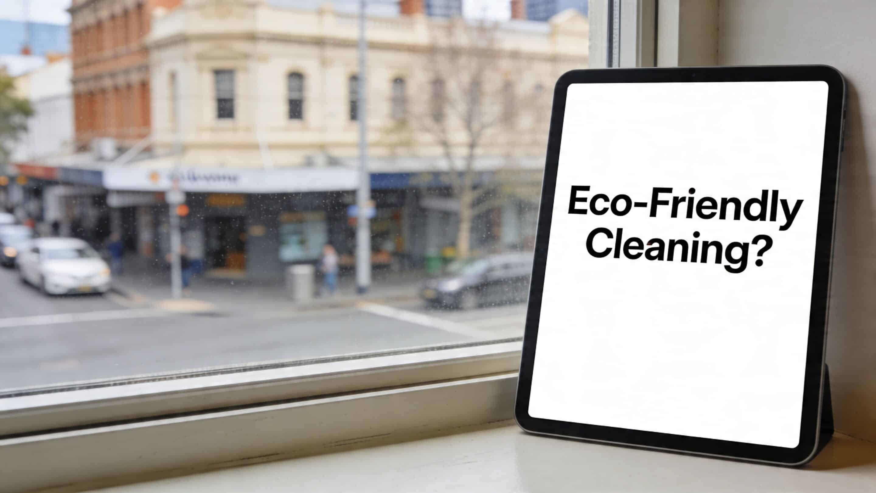 A tablet on a window ledge displays the text Eco-Friendly Cleaning with a blurred street background.