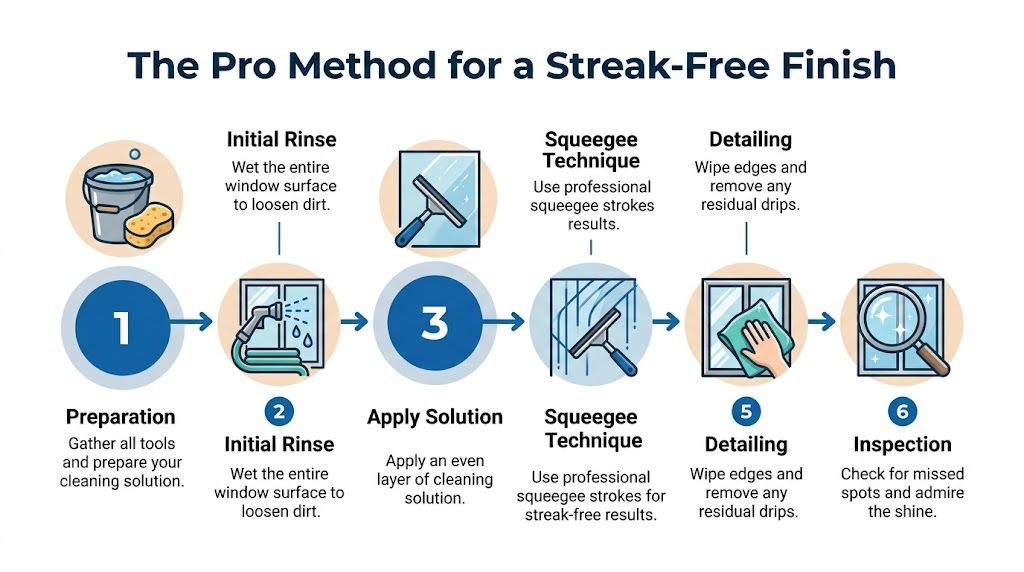 A six-step infographic illustrating the professional method for cleaning exterior windows to achieve a streak-free finish.