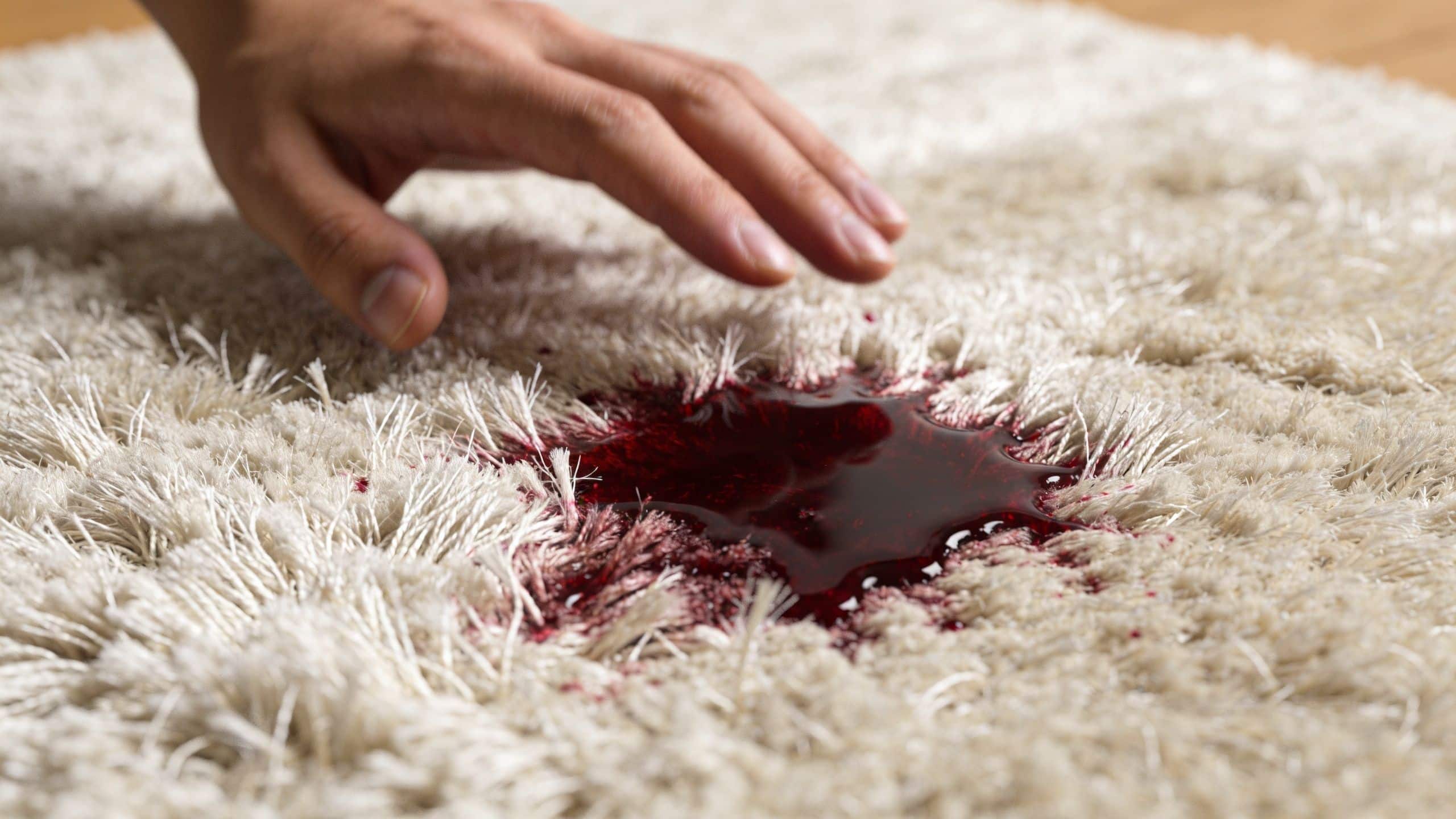 A person's hand reaches toward a large dark red stain on a white shag wool rug.