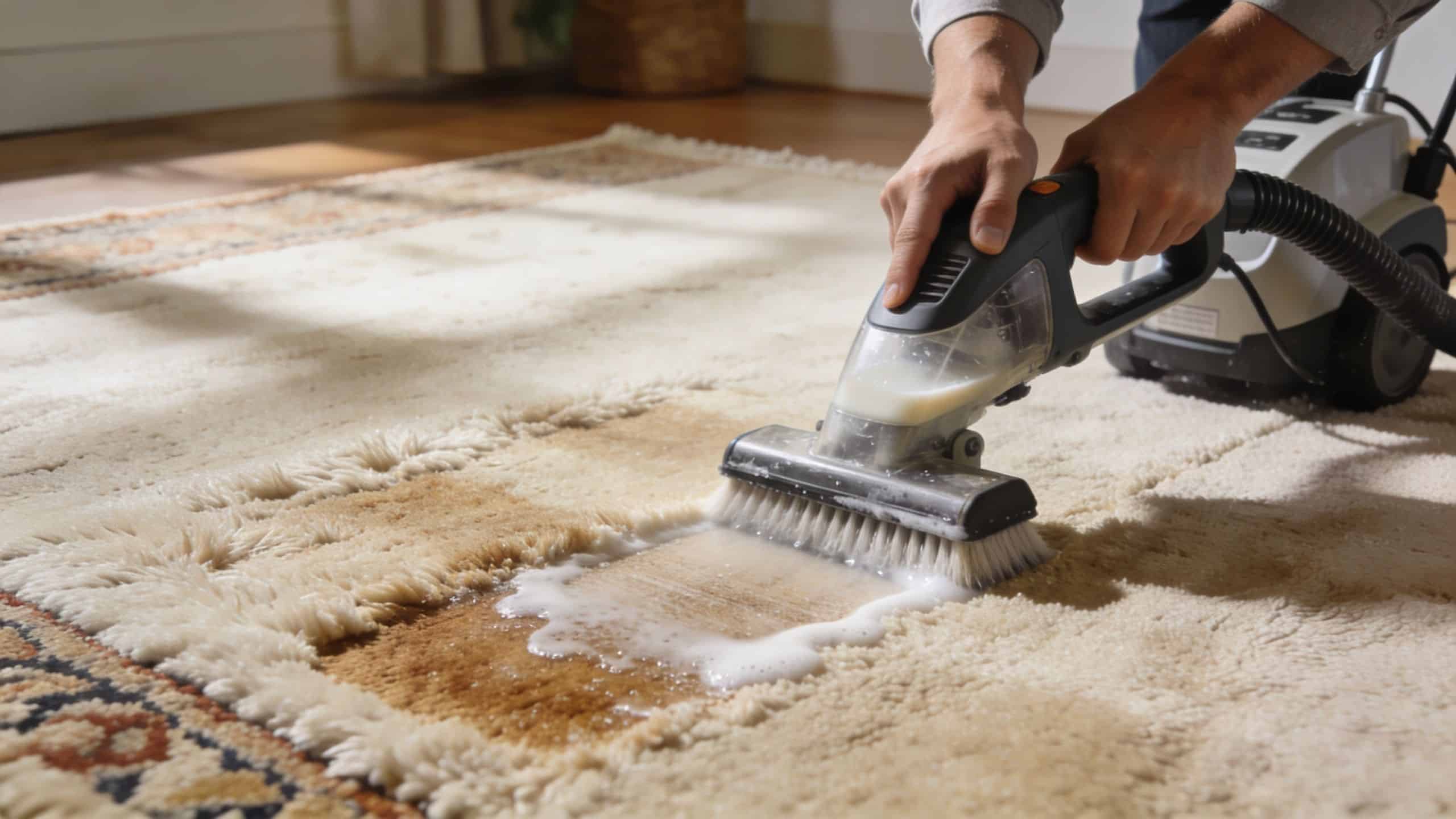 A person uses a handheld machine to clean a stain on a thick, patterned wool rug.