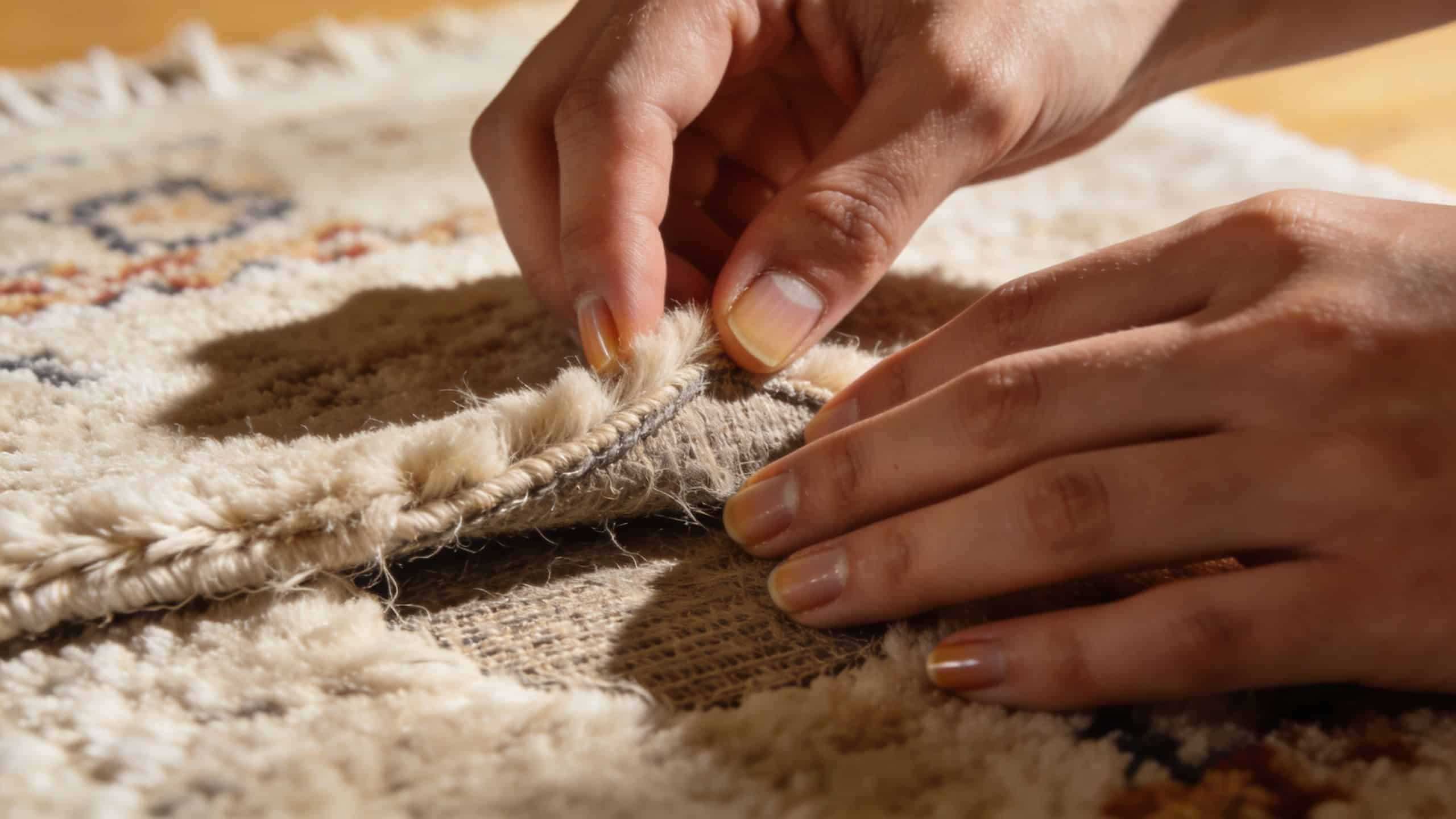 A close-up view of a person inspecting the texture and quality of a beige wool rug.
