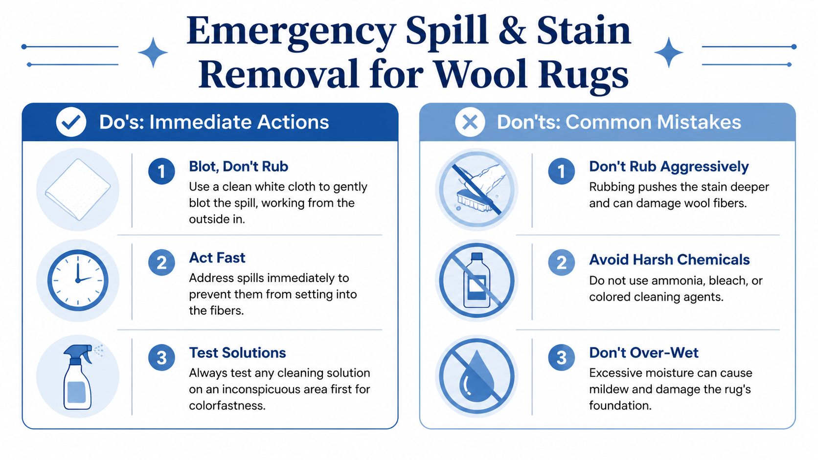An infographic titled Emergency Spill and Stain Removal for Wool Rugs showing do's and don'ts for cleaning.