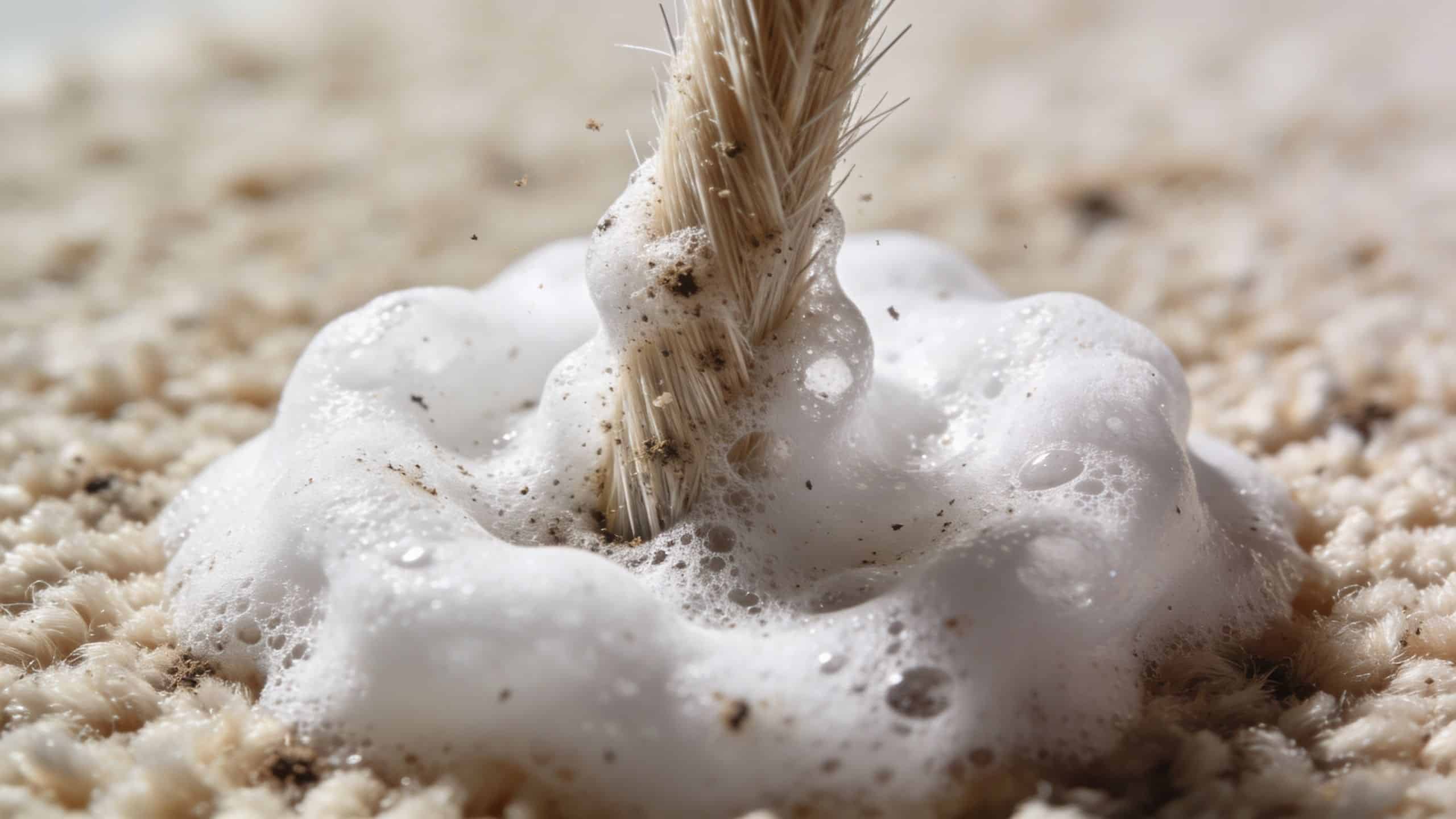 A close-up view of a cleaning brush applying white soapy foam to a beige carpet surface.