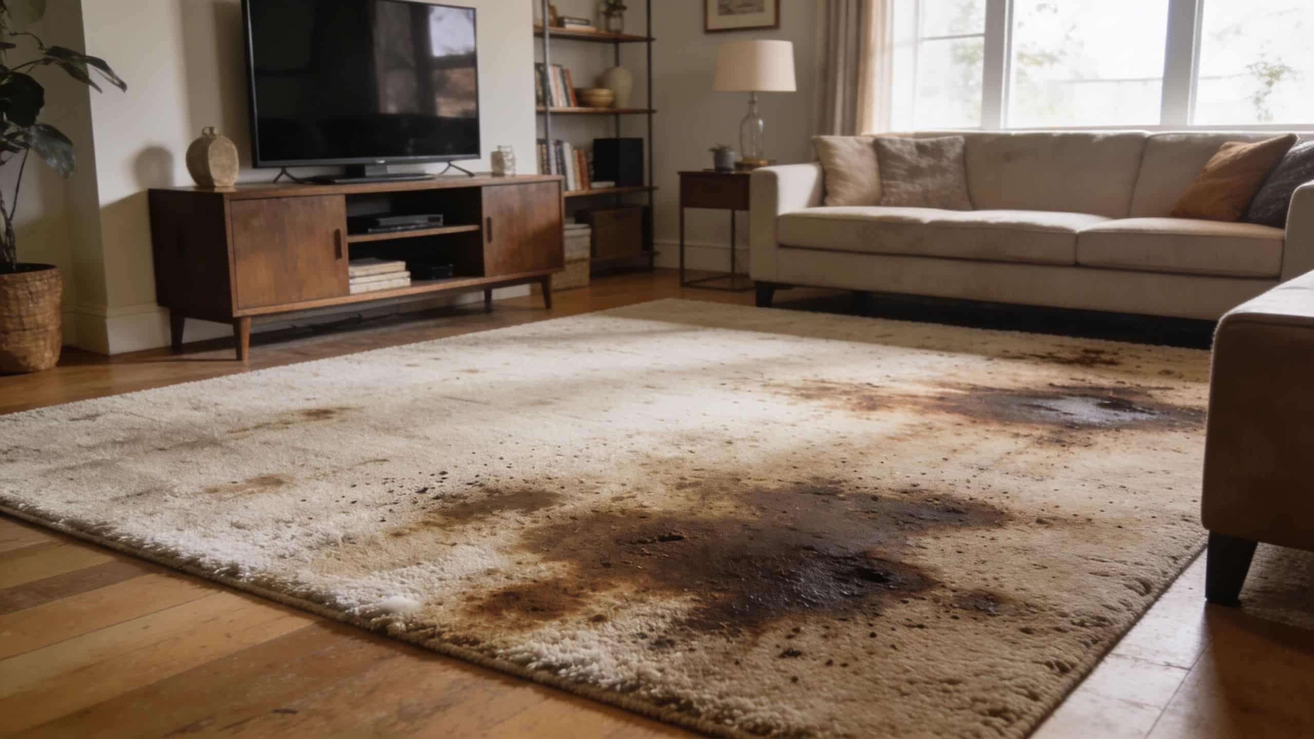 A large beige carpet in a living room featuring dark, unsightly mud stains across the surface.