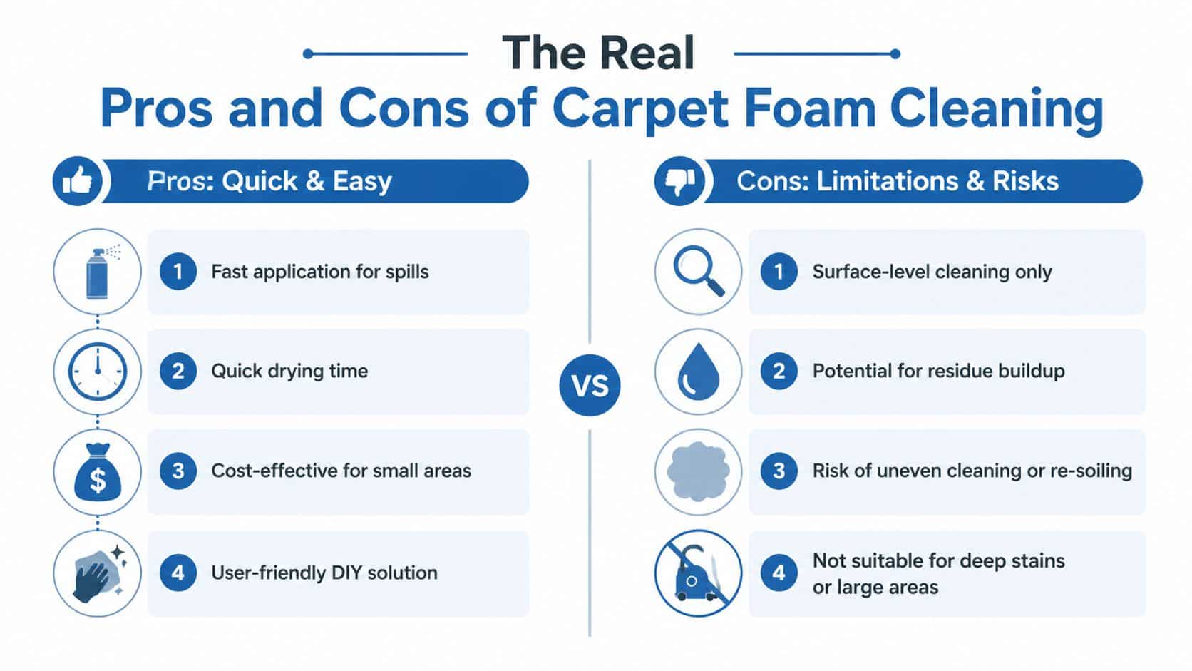 An infographic comparing the advantages and disadvantages of using foam carpet cleaning for home maintenance.