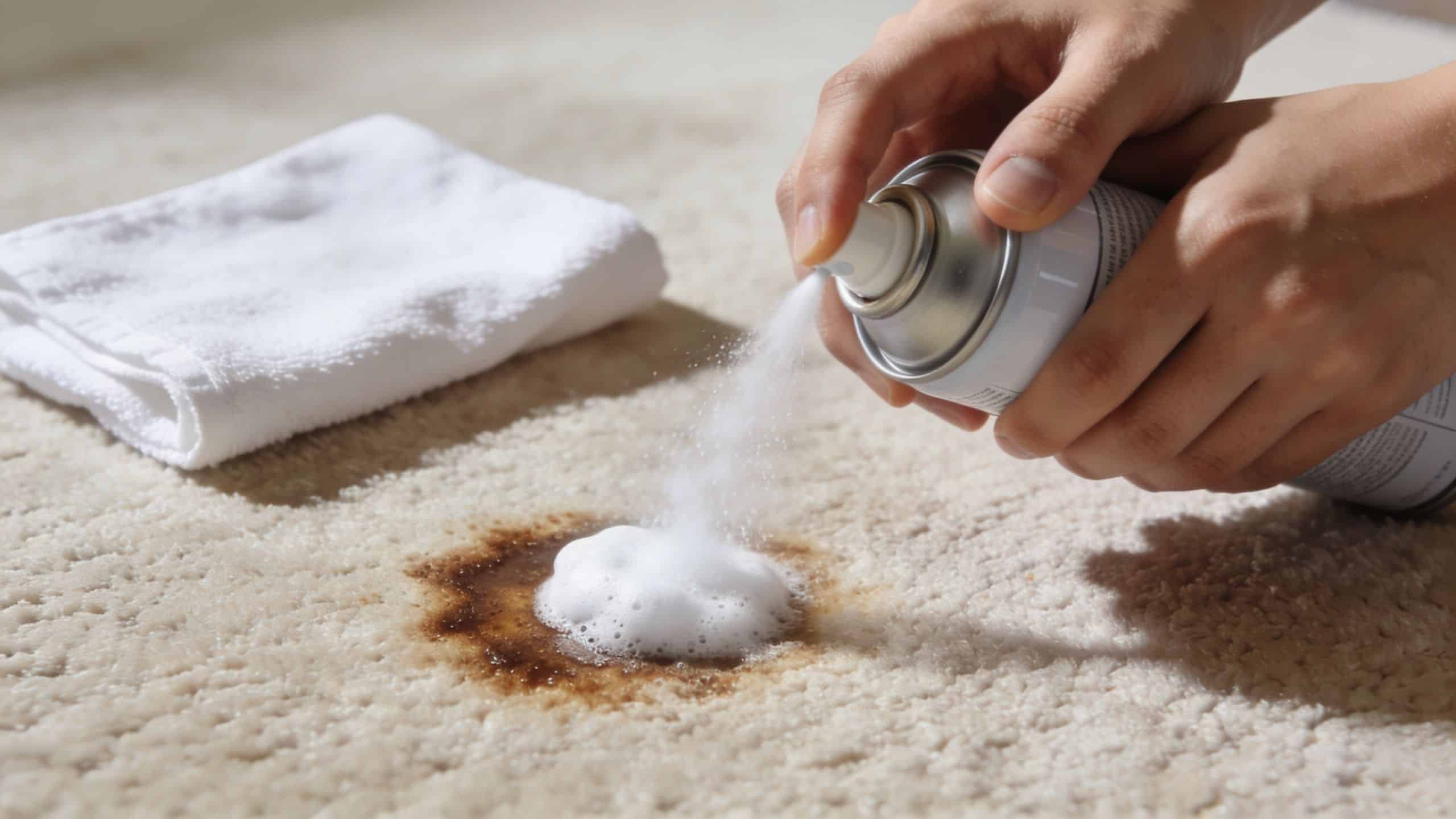 A person uses a spray cleaner to apply white foam onto a dark stain on beige carpet.