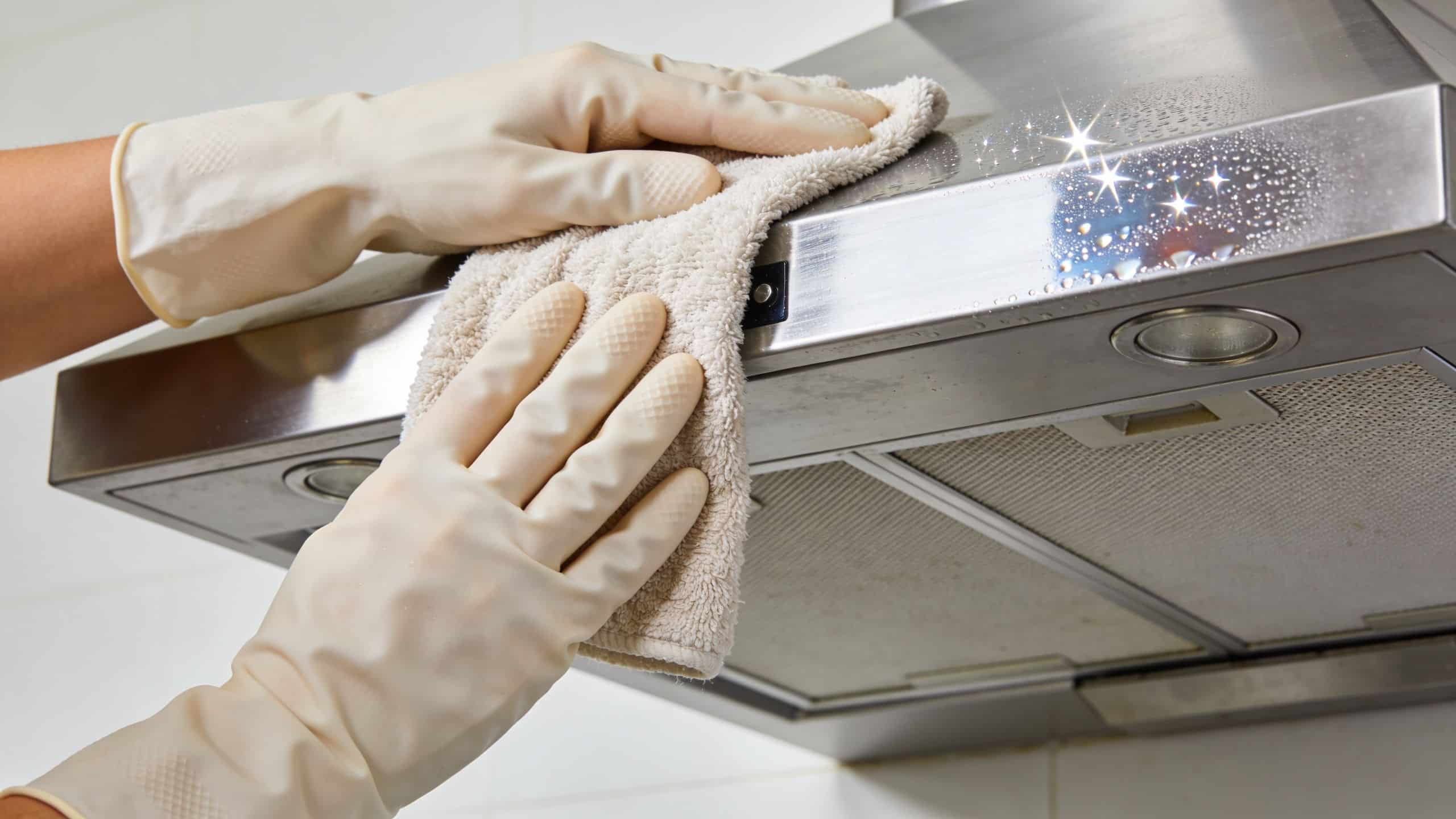 A pair of gloved hands cleaning a stainless steel kitchen range hood with a soft cloth