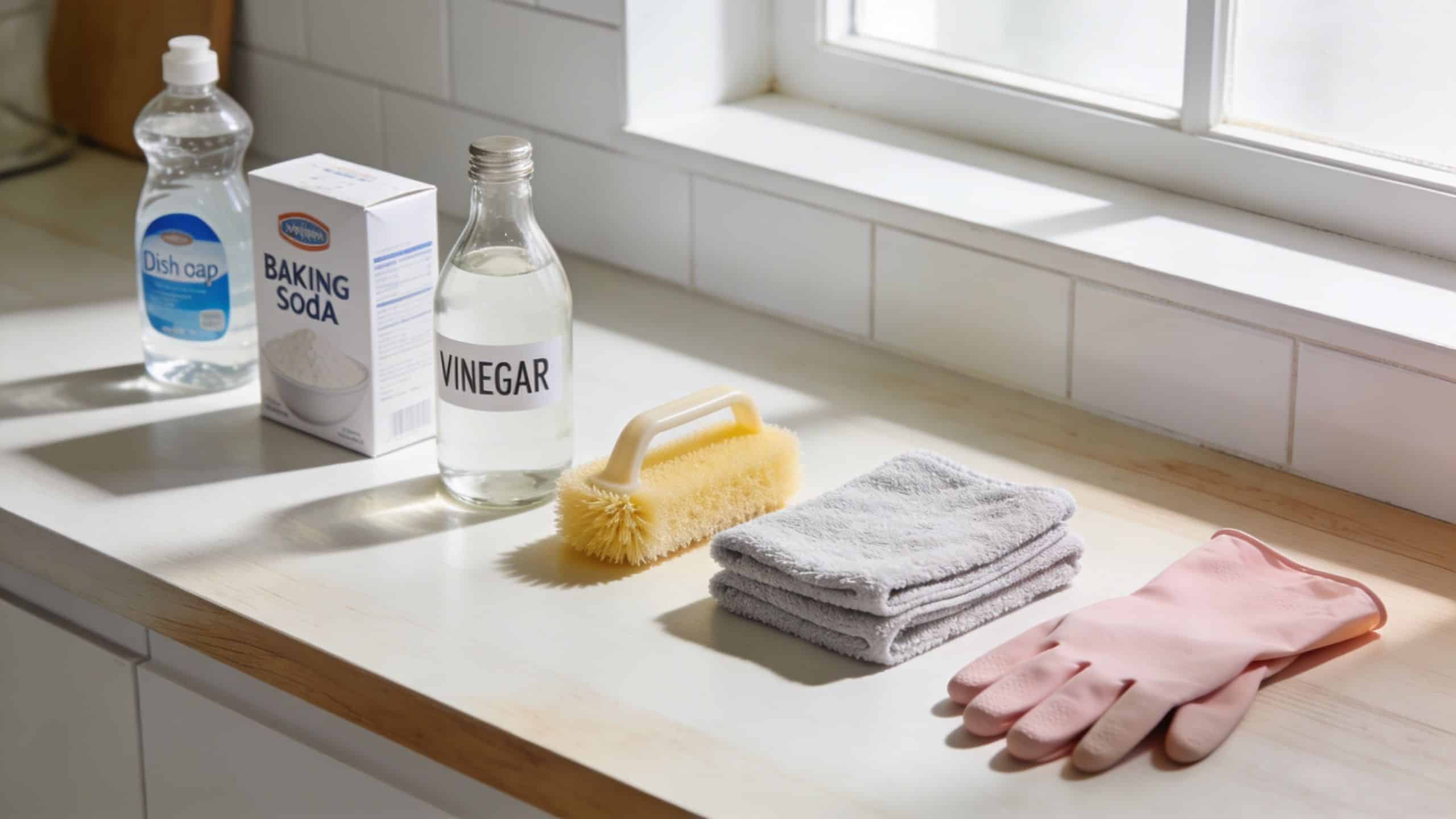 Cleaning supplies including dish soap, baking soda, vinegar, a scrub brush, a grey cloth, and rubber gloves.