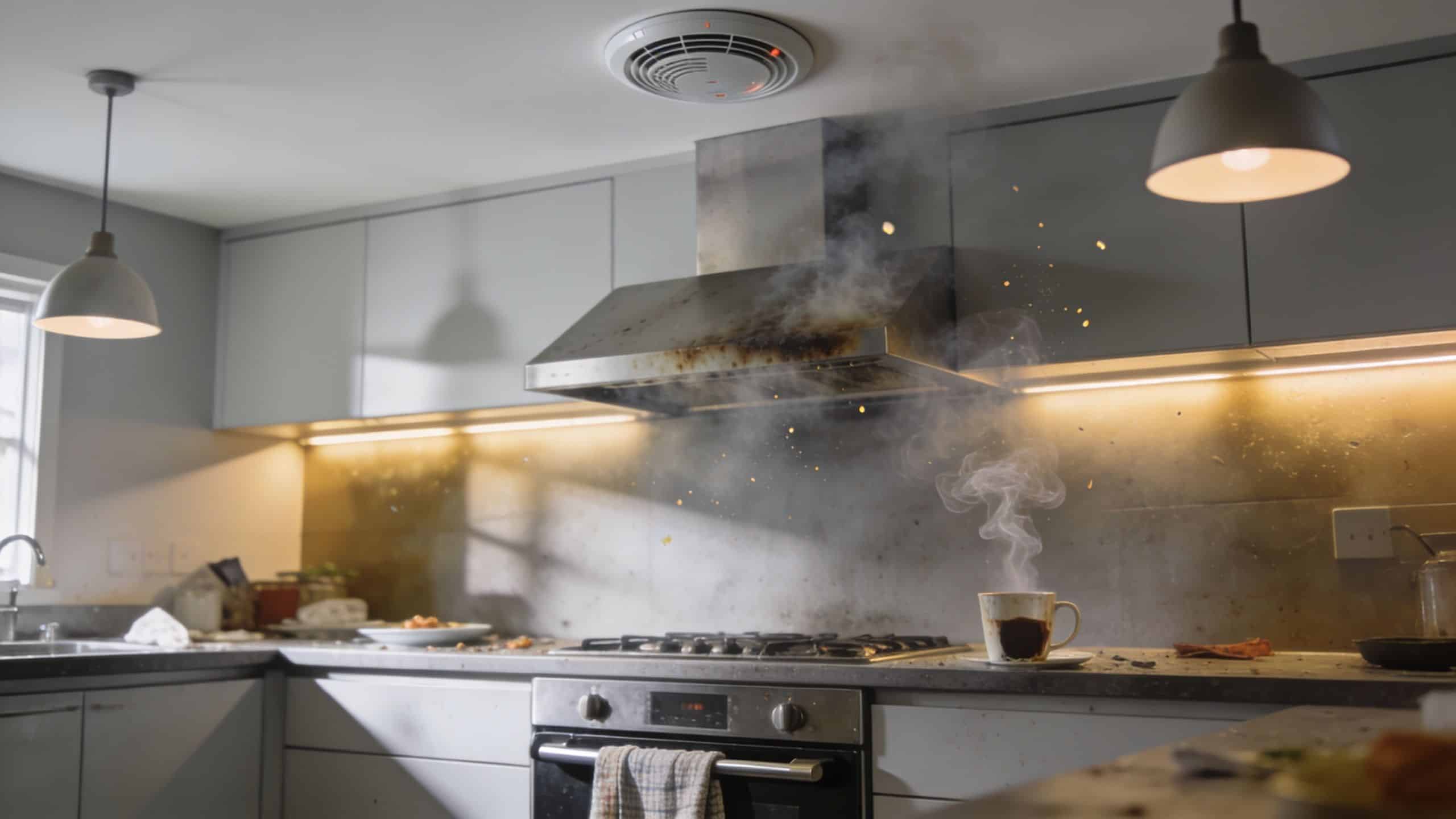 A dirty stainless steel kitchen range hood with smoke and debris after a small cooking fire incident.