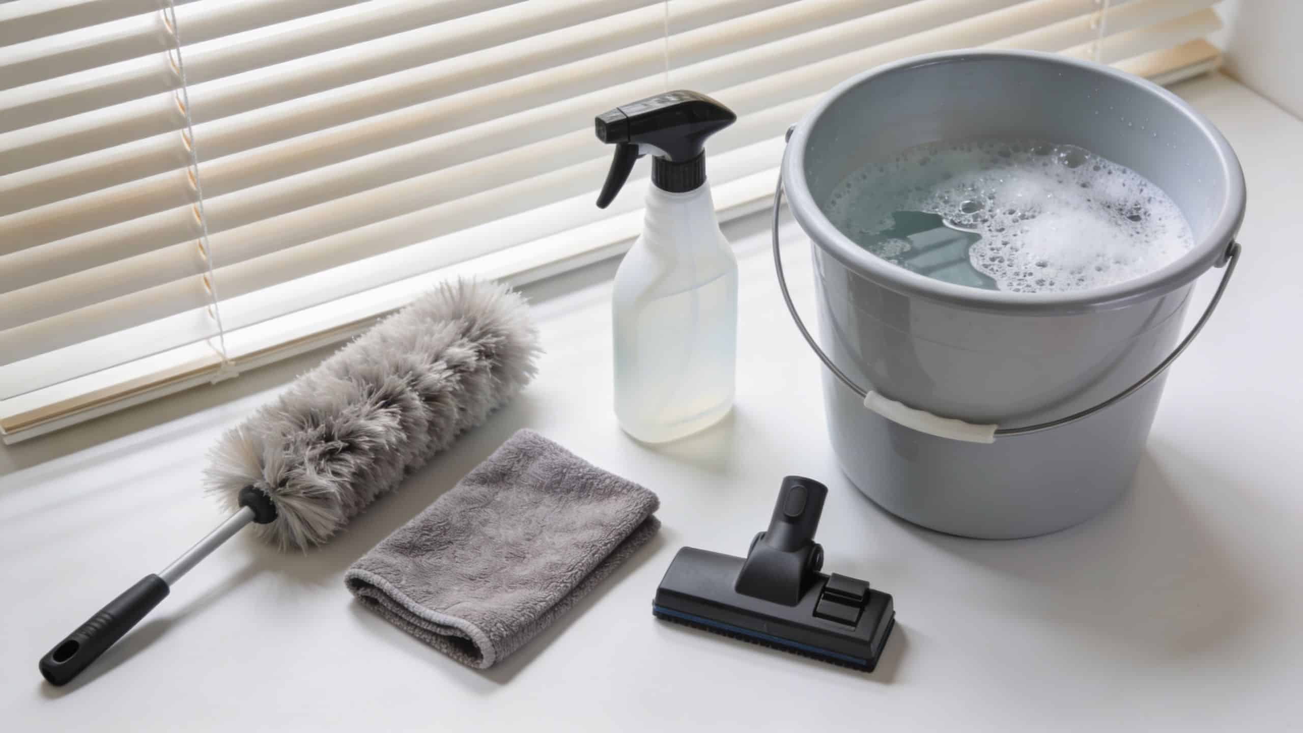 Cleaning supplies including a duster, cloth, spray bottle, and bucket set up for cleaning venetian blinds.