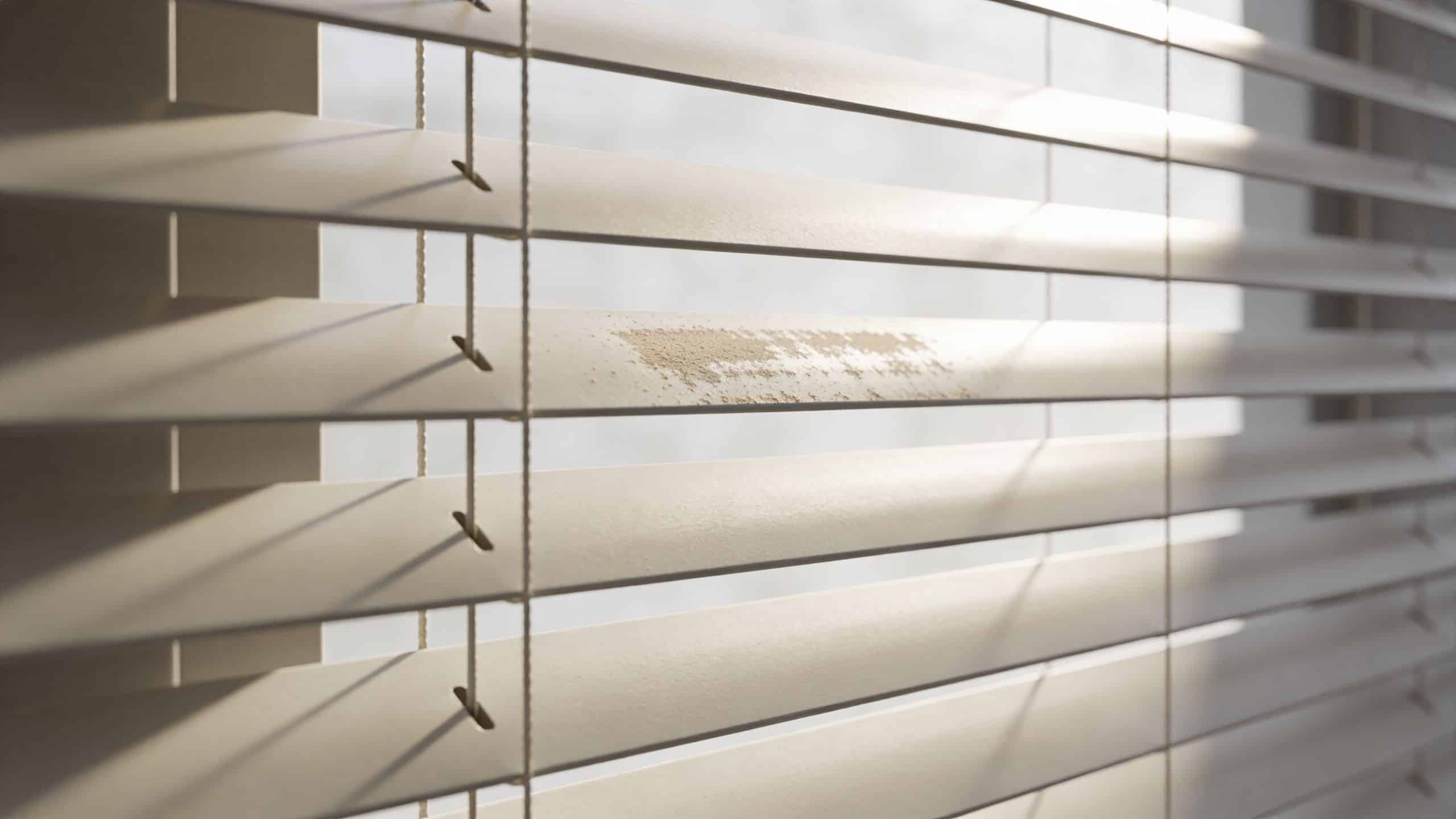 A close-up view of dirty white Venetian blinds with visible dust buildup on one of the slats.