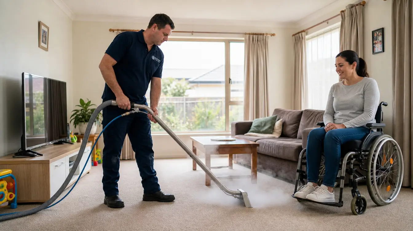 NDIS carpet cleaning service - technician steam cleaning carpet while wheelchair user watches in Melbourne home