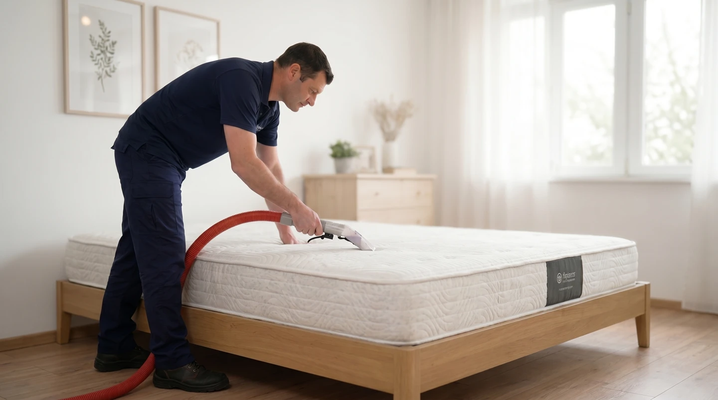 Right Price technician using truck-mounted hot water extraction to steam clean a mattress in a Melbourne bedroom