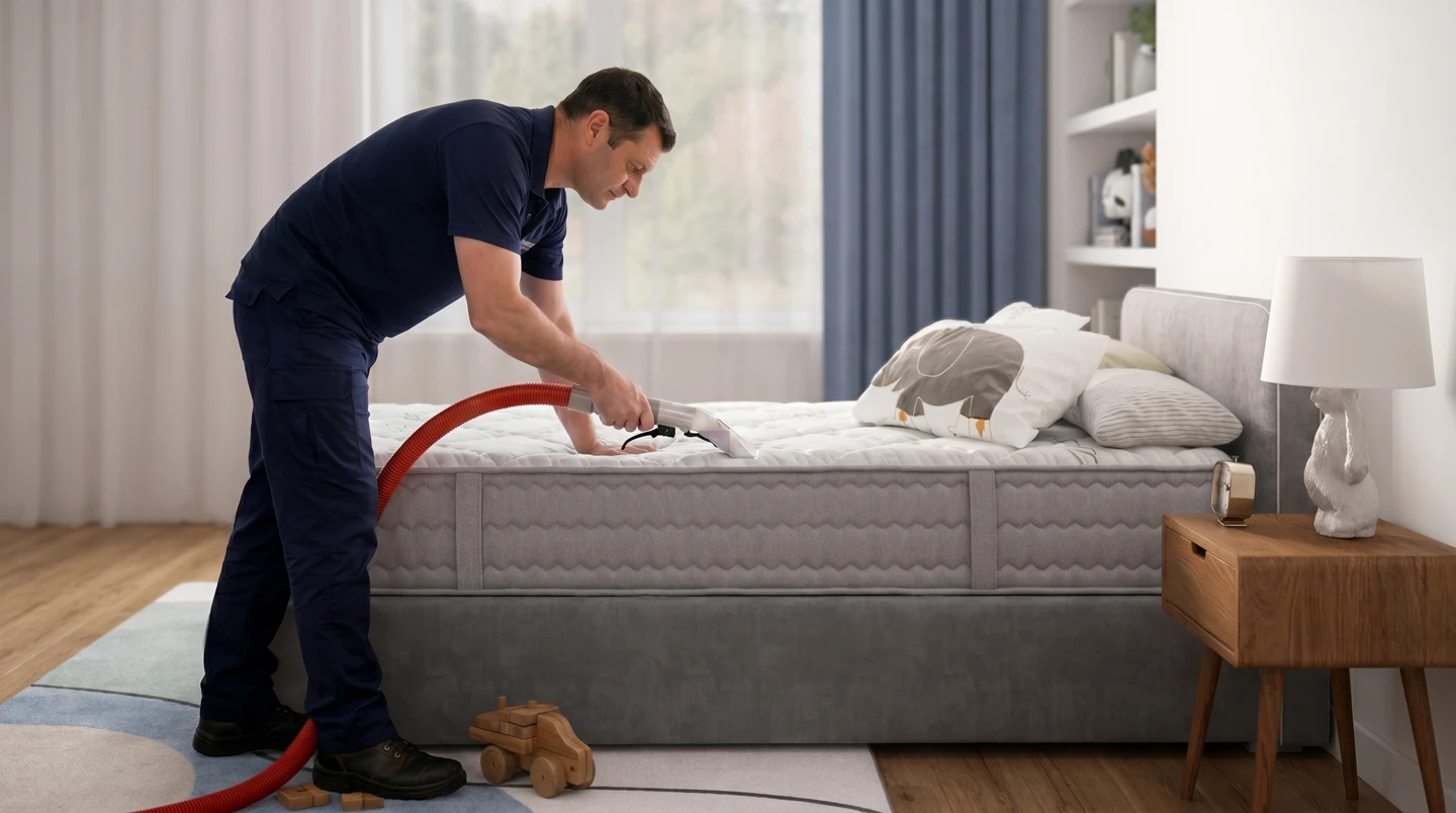 A freshly cleaned children's mattress in a Melbourne bedroom, ready for a child to sleep on